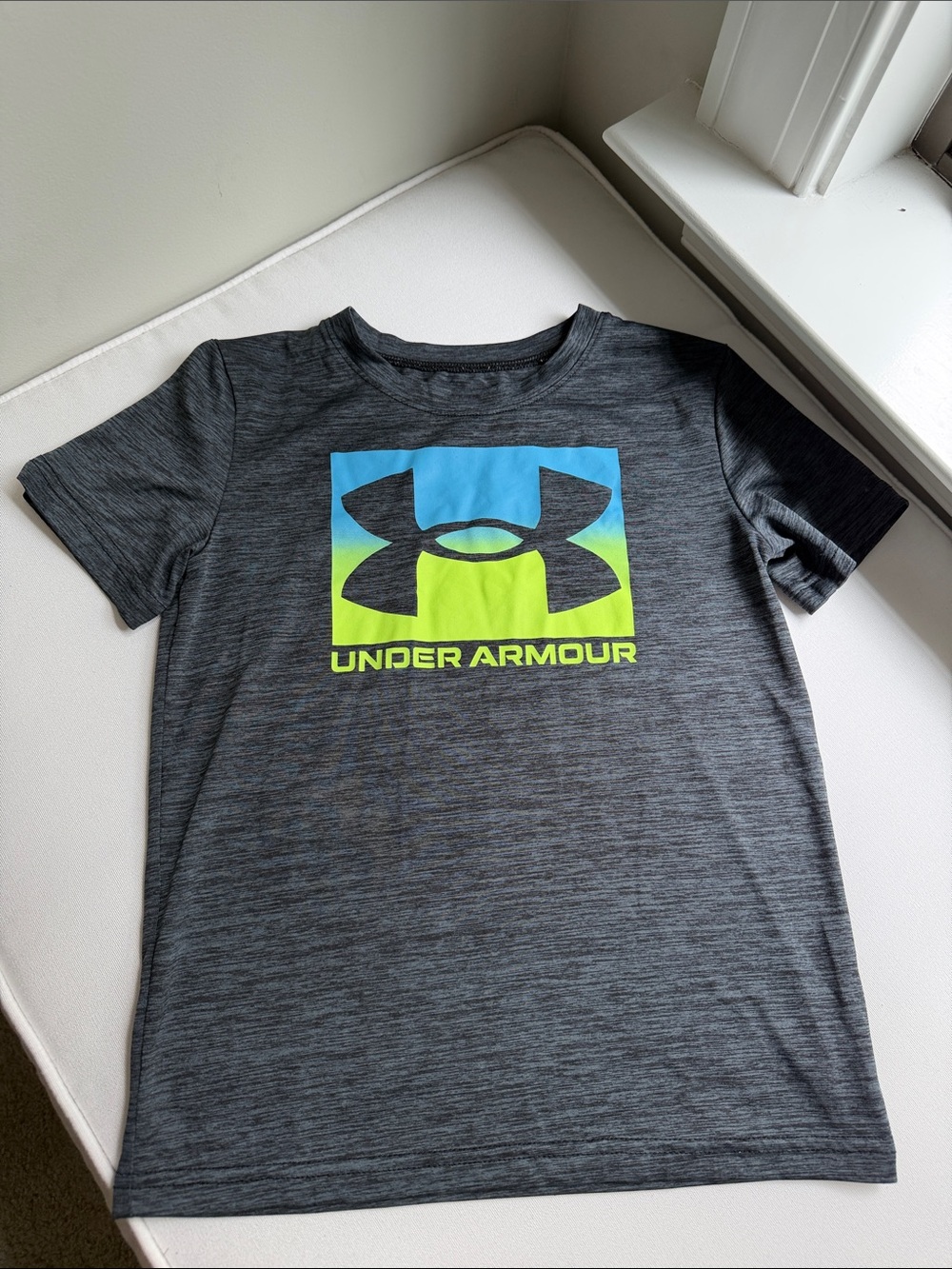 Under Armour Gray Heather Tee with Blue & Neon Green Logo 7